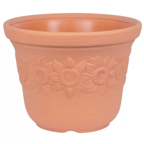Műanyag virágcserép, Prosperplast Sunny, terrakotta, átmérő: 57 cm, magasság: 43,5 cm, napraforgó minta, 60 l, kerek