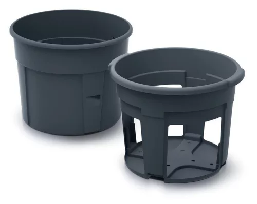 Műanyag burgonyatermesztő cserép, Prosperplast, antracit, átmérő: 39,2 cm, magasság: 31,6 cm, 28 l, ablakos betéttel, betakarító nyílásokkal, 2 részes, kerek