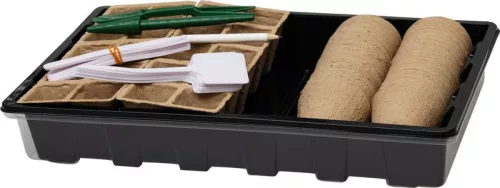 Melegágy, Strend Pro Garden, fekete, 37,5 x 23 x 6 cm, átlátszó fedél, 67 db-os készlet, palántaneveléshez, mini