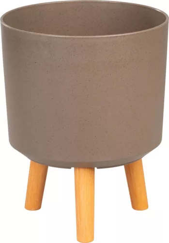 Műanyag virágcserép, Strend Pro Garden, kávépor, átmérő: 24,5 cm, magasság: 31 cm, fa lábakkal, kerek