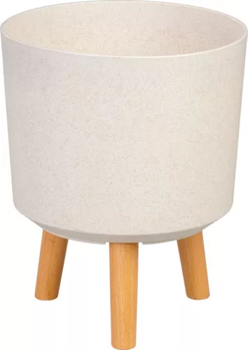 Műanyag virágcserép, Strend Pro Garden, fehér, átmérő: 24,5 cm, magasság: 31 cm, fa lábakkal, kerek