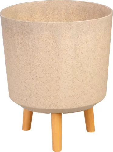 Műanyag virágcserép, Strend Pro Garden, bambuszszál, átmérő: 30 cm, magasság: 37 cm, fa lábakkal, 15,5 l, kerek