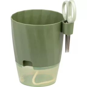   Műanyag virágcserép, Strend Pro Garden, zöld, átmérő: 12,5 cm, magasság: 16 cm, önöntöző víztartállyal, metszőollóval, beépített ollótartóval, kerek