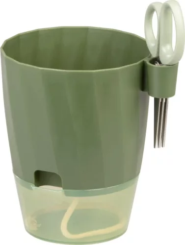 Műanyag virágcserép, Strend Pro Garden, zöld, átmérő: 12,5 cm, magasság: 16 cm, önöntöző víztartállyal, metszőollóval, beépített ollótartóval, kerek