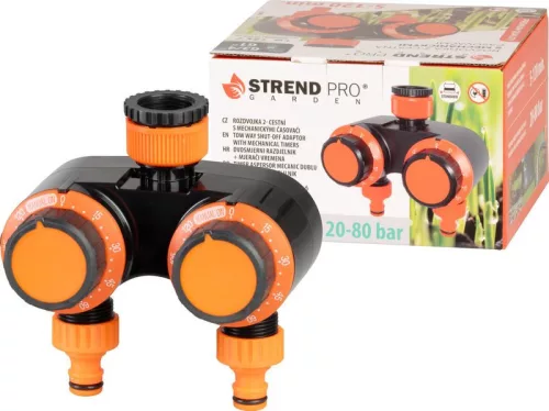 Mechanikus locsolóidőzítő, Strend Pro Garden, narancssárga/fekete, mechanikus, 2 kimenet, 0–120 perc időzítés, 3/4 " menethez, 1/2 " gyorscsatlakozó, 20-80 bar