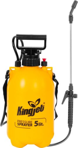 Vállra akasztható permetező, Strend Pro Kingjet Q, 5 liter, sárga, állítható fúvókával, folyadékszivárgás elleni védelemmel, kényelmes vállpánttal