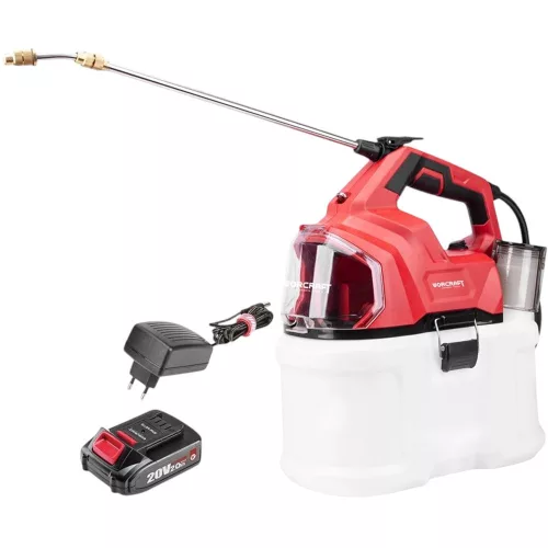 Akkumulátoros permetező, Worcraft CBS-S20Li-8L ShareSYS, 8 l, piros-fekete-fehér, 20 V, 2 Ah Li-Ion, kézi, sárgaréz fúvóka, akkumulátorral és töltővel