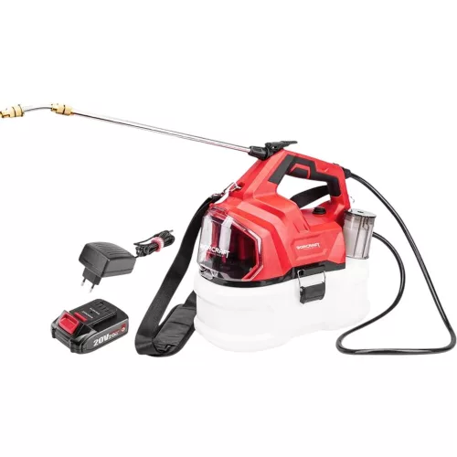 Akkumulátoros permetező, Worcraft CBS-S20Li-5L ShareSYS, 5 l, piros-fekete-fehér, 20 V, 2 Ah Li-Ion, kézi, sárgaréz fúvóka, akkumulátorral és töltővel