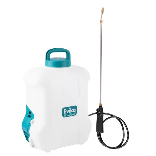 Akkumulátoros permetező, Evika DJ100, 10 liter, fehér, 10,8V, 2,5 Ah Li-Ion, 2,5 bar, teleszkópos szórókarral, háti hevederes