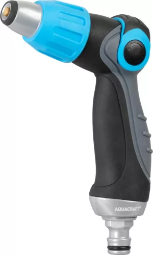Kerti locsolópisztoly, Aquacraft 750370, fekete/kék, sárgaréz fúvóka, állítható vízáram, fémházas