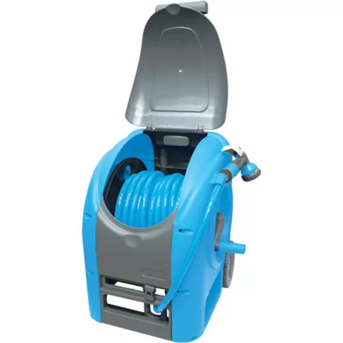 Kerti tömlődob, Aquacraft 990081 Deluxe Compact, kék, tömlővel, 1/2", 30 m, szórópisztollyal, csatlakozókkal, kézi hajtókar, teleszkópos fogantyú, kerekes