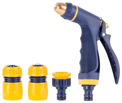 Kerti locsolópisztoly, Strend Pro Garden, sötétkék/sárga, sárgaréz fúvóka, 2 funkciós, állítható vízáram, műanyag, csatlakozókkal