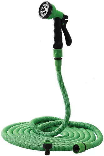 Kerti locsolótömlő, Strend Pro Garden Flexi NX1-100, zöld, 1/2" - 3/4", 10–30,4 m, flexibilis, nyújtható, szórópisztollyal, latex belső cső, textilborítás, önnyúló-összehúzódó technológia