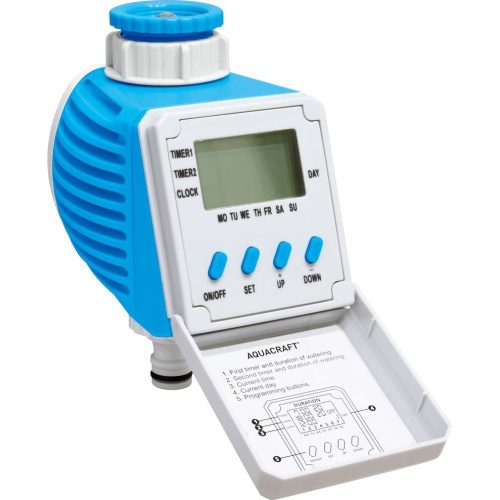 Digitális locsolóidőzítő, Aquacraft 290110, kék/fehér, digitális, LCD kijelző, 1 kimenet, 1-99 perc időzítés, napi 2 öntözés, 1 " és 3/4 " menethez, elemes (9 V - nem tartozék)