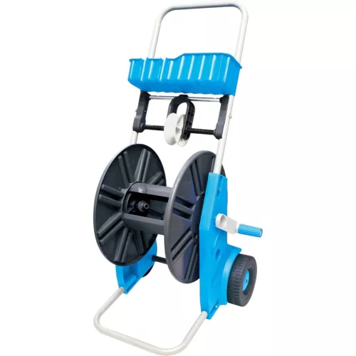 Kerti tömlőkocsi, Aquacraft 990051 Prémium, ezüst/kék, maximum 60 m 1/2" kerti tömlőhöz, acél és műanyag, kézi hajtókar, kerekes, szerszámtároló kosárral, tömlő nélkül