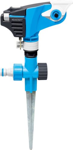 Kerti locsolófej, Aquacraft 260220, kék/fekete, forgó 20-360°, tüskés, állítható szög, gyepbe szúrható rögzítéssel, maximum 450 m2 öntözési terület