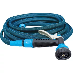   Kerti locsolótömlő, Aquacraft 870020, kék, 1/2", 10–20 m, 6 bar, flexibilis, nyújtható, 7 funkciós szórópisztollyal, csatlakozókkal, PVC belső cső, textilborítás