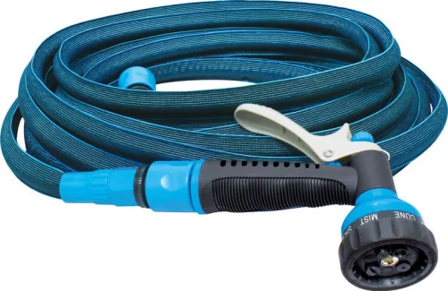 Kerti locsolótömlő, Aquacraft 870020, kék, 1/2", 10–20 m, 6 bar, flexibilis, nyújtható, 7 funkciós szórópisztollyal, csatlakozókkal, PVC belső cső, textilborítás