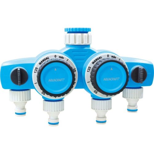 Mechanikus locsolóidőzítő, Aquacraft 290040, kék/fehér, mechanikus, 4 kimenet, 15-120 perc időzítés, 3/4" és 1" menethez