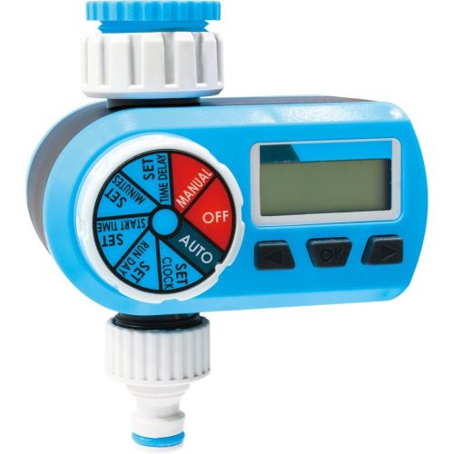 Digitális locsolóidőzítő, Aquacraft 290140, kék/fehér, digitális, LCD kijelző, 1 kimenet, napi 1-2 öntözés, 1" és 3/4" menethez, elemes (2 db AA  - nem tartozék)