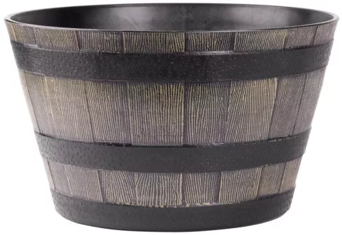 Műanyag virágcserép, Strend Pro Garden Woodeff, barna, átmérő: 39 cm, magasság: 23 cm, hordó formájú, 18,5 l, fahatású, kerek