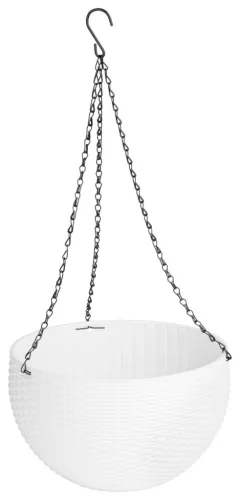 Függő virágcserép, Strend Pro Garden Modern, fehér, átmérő: 26 cm, magasság: 16 cm, lánccal és akasztóval, rattan hatású, kerek