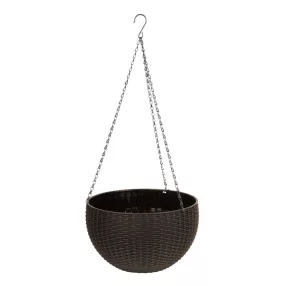   Függő virágcserép, Strend Pro Garden Modern, barna, átmérő: 26 cm, magasság: 16 cm, lánccal és akasztóval, rattan hatású, kerek