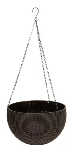 Függő virágcserép, Strend Pro Garden Modern, barna, átmérő: 26 cm, magasság: 16 cm, lánccal és akasztóval, rattan hatású, kerek