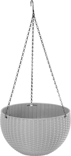 Függő virágcserép, Strend Pro Garden Modern, sötétszürke, átmérő: 26 cm, magasság: 16 cm, lánccal és akasztóval, rattan hatású, kerek