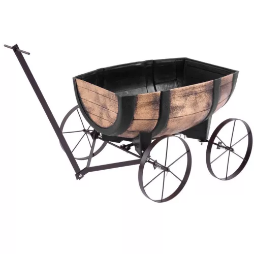 Műanyag virágláda kocsival, Strend Pro Garden Woodeff 817, világosbarna, 41,5 x 29 cm, magasság: 19 cm, hordó formájú, 11 l, fahatású, 4 kerék, húzókar