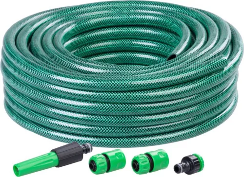 Kerti locsolótömlő, Strend Pro Garden Economic, zöld, 1/2”, 20 m, 12 bar, 1 adapter, 2 gyorscsatlakozó, 1 fúvóka, algaálló belső fal, háromrétegű PVC, -5°C és +50°C között hőálló