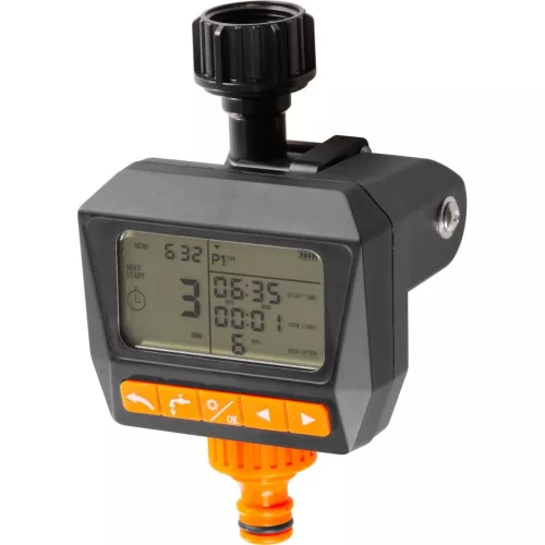 Digitális locsolóidőzítő, Strend Pro Garden, sötétszürke, digitális, LCD kijelző, 1 kimenet, 1-1380 perc időzítés, automata és kézi, 3/4" menethez, 1/2" gyorscsatlakozó, napi 3 öntözés