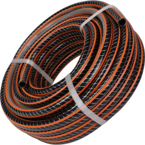 Kerti locsolótömlő, Strend Pro Garden Premium, fekete/narancssárga, 3/4", 50 m, 30 bar, algaálló belső fal, sérülésálló műanyag keverék, -5°C és +65°C között hőálló