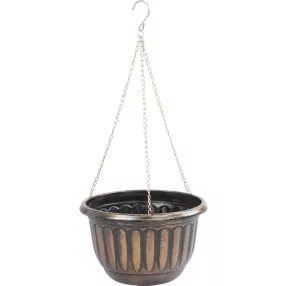   Függő virágcserép, Strend Pro Garden, arany/fekete, átmérő: 24,5 cm, magasság: 15 cm, lánccal és akasztóval, műanyag, antikolt, kerek