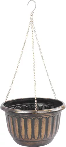 Függő virágcserép, Strend Pro Garden, arany/fekete, átmérő: 24,5 cm, magasság: 15 cm, lánccal és akasztóval, műanyag, antikolt, kerek