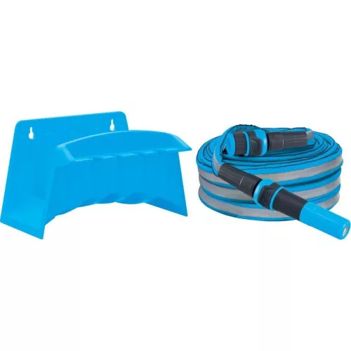 Kerti locsolótömlő, Aquacraft 870101, kék/szürke, 1/2", 10 m, 35 bar, 2 funkciós fúvókával, fali tartóval, PVC belső cső, textilborítás