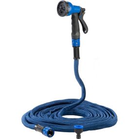   Kerti locsolótömlő, Strend Pro Garden,Flexi, kék, 1/2" - 3/4", 7,3–15 m, 20 bar, flexibilis, nyújtható, szórópisztollyal, latex belső cső, textilborítás, önnyúló-összehúzódó technológia