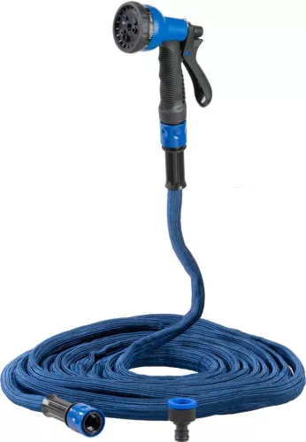 Kerti locsolótömlő, Strend Pro Garden,Flexi, kék, 1/2" - 3/4", 7,3–15 m, 20 bar, flexibilis, nyújtható, szórópisztollyal, latex belső cső, textilborítás, önnyúló-összehúzódó technológia