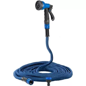   Kerti locsolótömlő, Strend Pro Garden,Flexi, kék, 1/2" - 3/4", 14,6–30 m, 20 bar, flexibilis, nyújtható, szórópisztollyal, latex belső cső, textilborítás, önnyúló-összehúzódó technológia