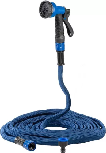 Kerti locsolótömlő, Strend Pro Garden,Flexi, kék, 1/2" - 3/4", 14,6–30 m, 20 bar, flexibilis, nyújtható, szórópisztollyal, latex belső cső, textilborítás, önnyúló-összehúzódó technológia