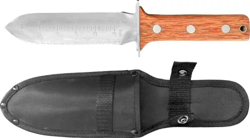 Metszőkés, Strend Pro Premium Hori Hori, tokkal, egyenes penge, fa markolat, MoV acél, sima és fogazott él, centiméteres skála, acél kézvédő