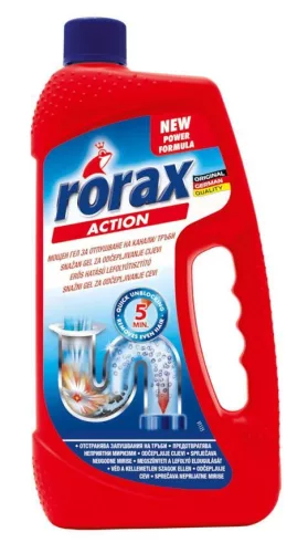 Lefolyótisztító gél, Rorax, 1000 ml, 2 az 1-ben, konyhai és fürdőszobai lefolyókhoz, nagy teljesítményű, kellemetlen szagok ellen