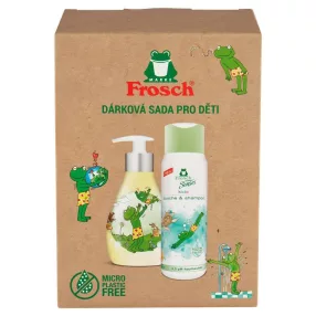   Ajándékkészlet, Frosch, tusfürdő és sampon 2 az 1-ben 300 ml + folyékony szappan pumpás flakonban 300 ml, gyermek, panthenollal, környezetbarát