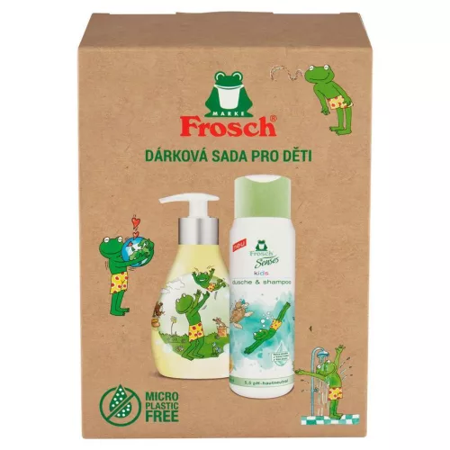 Ajándékkészlet, Frosch, tusfürdő és sampon 2 az 1-ben 300 ml + folyékony szappan pumpás flakonban 300 ml, gyermek, panthenollal, környezetbarát