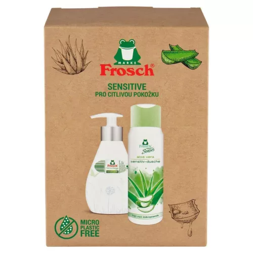 Ajándékkészlet, Frosch Aloe vera, tusfürdő 300 ml + folyékony szappan 300 ml, pH 5,5, érzékeny bőrre, panthenollal, környezetbarát