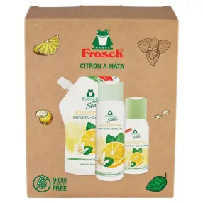   Ajándékkészlet, Frosch Senses, tusfürdő 300 ml + tusfürdő 50 ml + tusfürdő utántöltő 500 ml, citrom és menta illat, pH 5,5, érzékeny bőrre, panthenollal, környezetbarát