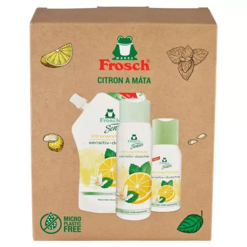 Ajándékkészlet, Frosch Senses, tusfürdő 300 ml + tusfürdő 50 ml + tusfürdő utántöltő 500 ml, citrom és menta illat, pH 5,5, érzékeny bőrre, panthenollal, környezetbarát