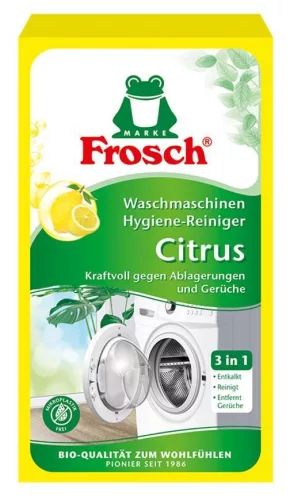 Mosógéptisztító por, Frosch, 250 g, citromsav-alapú, vízkőoldó, szagtalanító, higiénikus, vegán, környezetbarát, 3 az 1-ben
