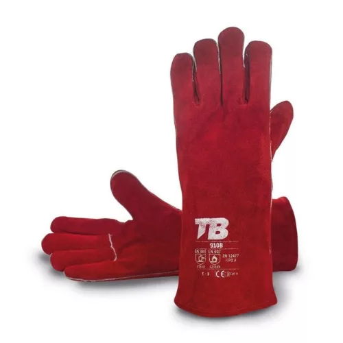 Hegesztőkesztyű, TB 910B, piros, méret: 9/L, marhahasíték bőr, erős varrás, EN 388 és EN 407 és EN 12477, 1 pár