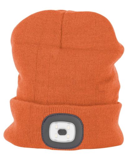 Sapka fejlámpával, Strend Pro Albacore, L méret, narancssárga, 4x SMD LED, 60 lm, USB-töltés, akkumulátoros, 3 fokozatú fényerő, mosható